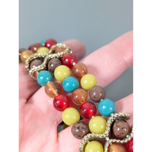 Boho Tribal Red Green Bead Three Row Stretch Bracelet 7" - Picture 5 of 8